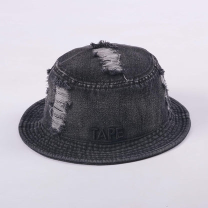 Cassette Ripped Denim Bucket Hat (Black)